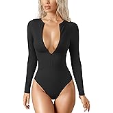 OQQ Women's Bodysuit Tops Invisible Zip Long Sleeve Crew Neck Bodysuits
