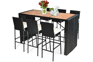 Tangkula 7 PCS Outdoor Wicker Furniture with Acacia Wood Bar Table Top and Removable Cushion, Conversation Set for Dining, Patios, Backyards, Porches, Gardens and Poolside (Black)