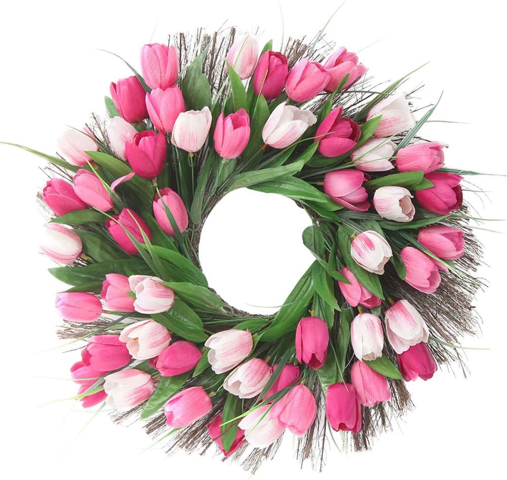 Artificial Tulip Flower Wreath for Front Door 18inch Pink Floral Welcome Wreath Faux Spring Summer Garland for Door Wall Window Wedding Party Office Hello Wreath for Home Décor