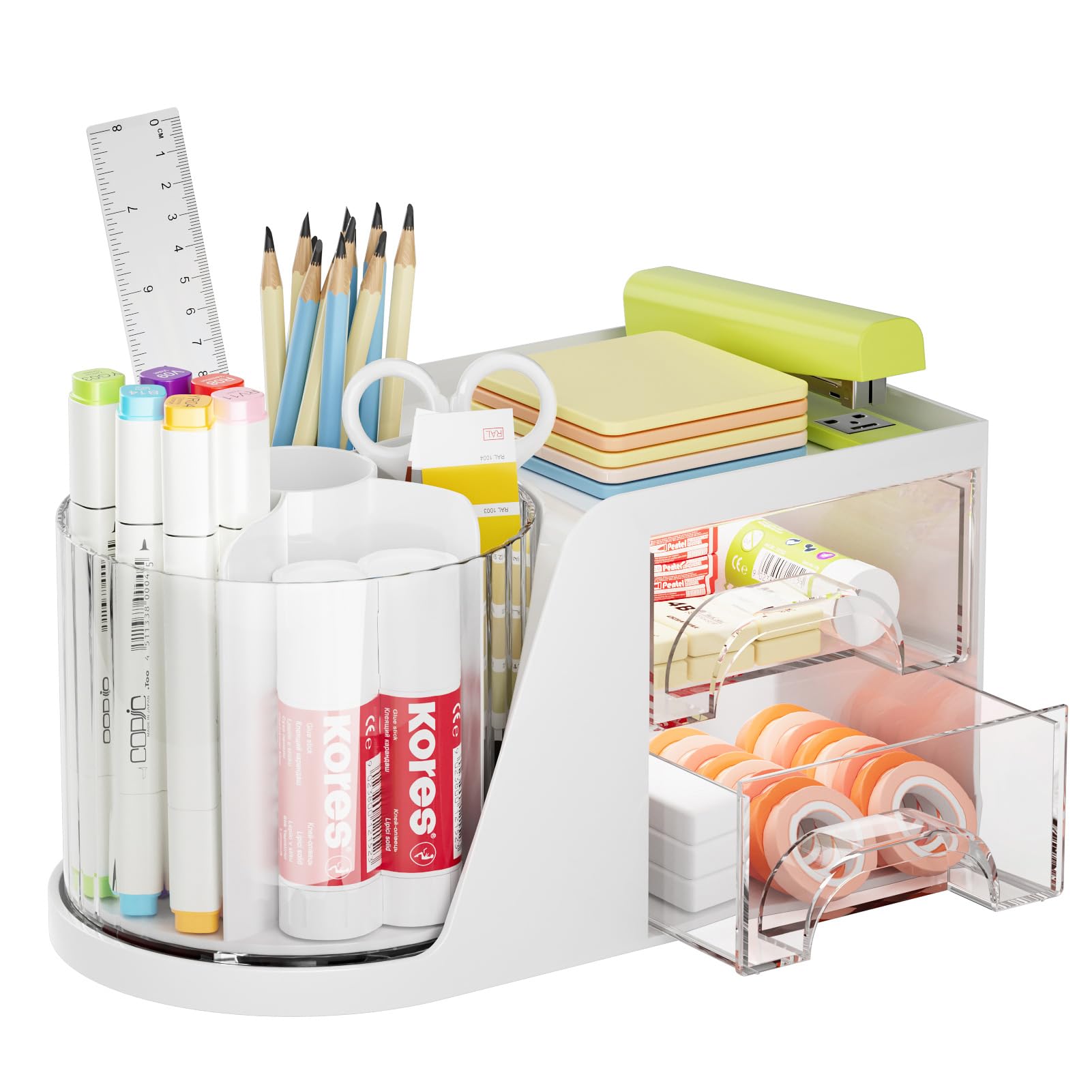 Marbrasse Desk Organiser,360-Degree Rotating Pen Holder,Desk Organisers Accessories with 5 Compartments Pencil Organizer,Art Supply Storage Box Caddy for Home Office(White)