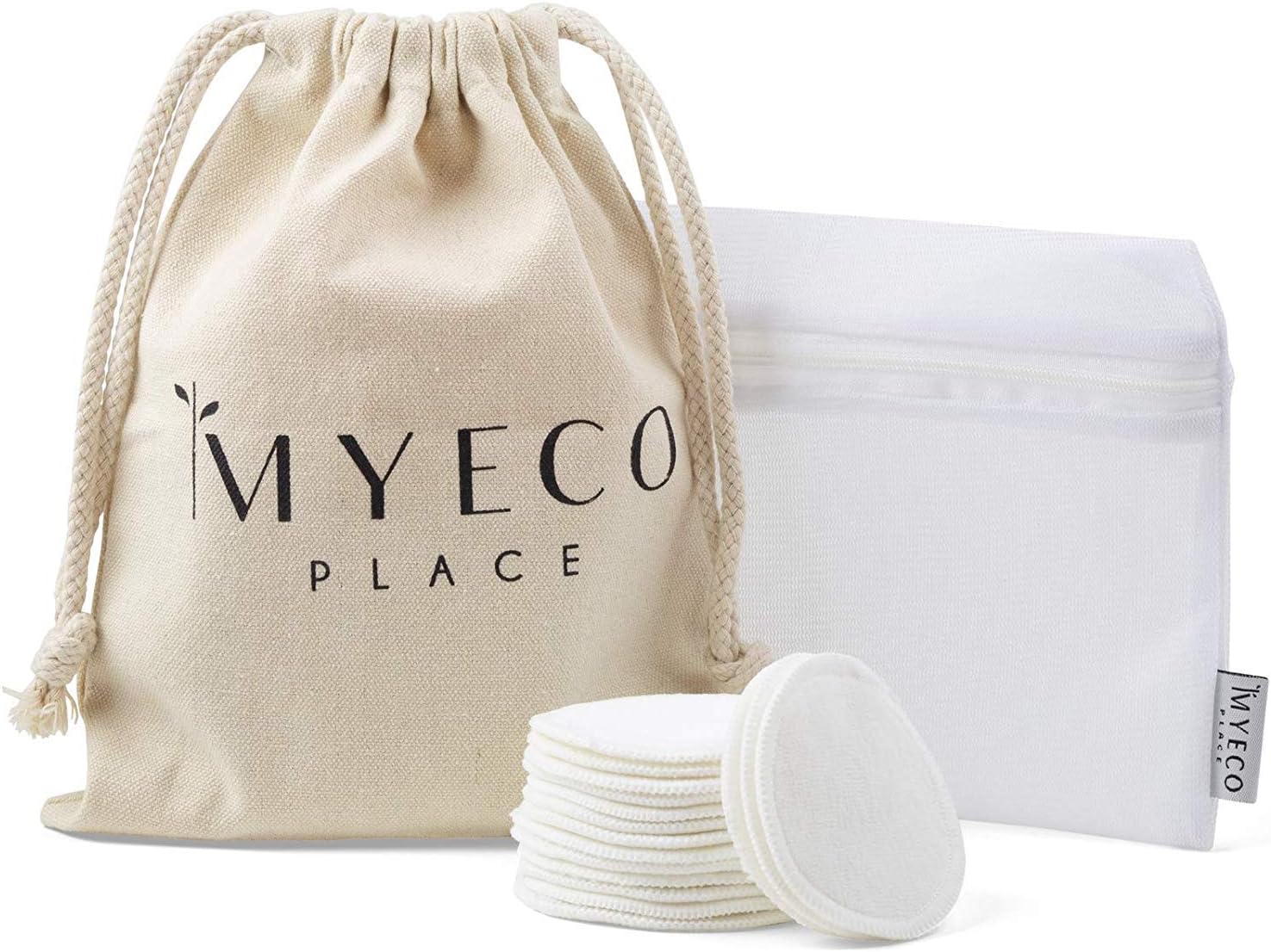 Myeco Place Organic Bamboo Reusable Makeup Remover Pads - 16 Pack with Laundry and Cloth Travel Bag - Chemical Free, Skin and Facial Pads - The Eco Friendly Cotton Round Alternative