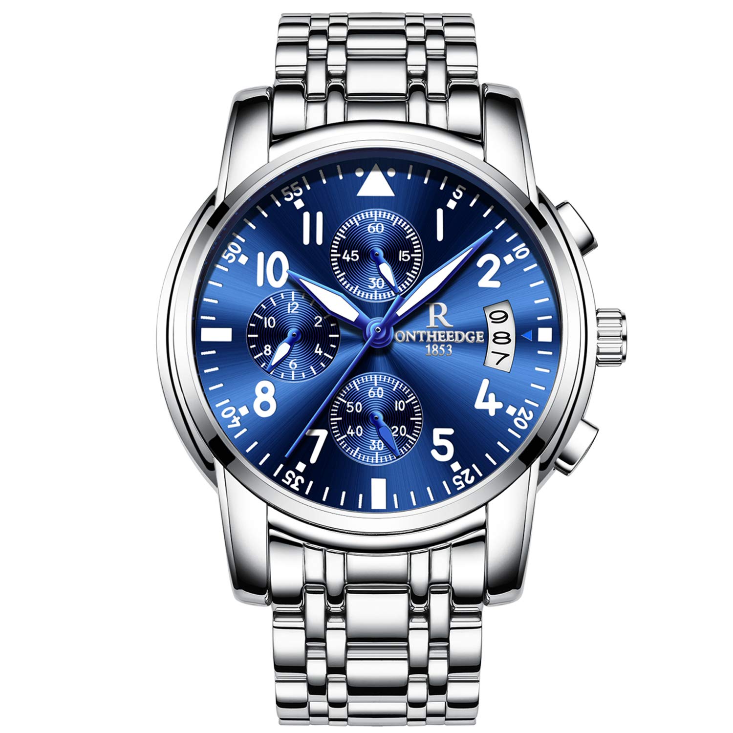 RORIOS Watches Analog Quartz Stainless Steel Band Business Day Calendar Counts Chronograph Stopwatch Luminous Multifunctions Wrist Watch for Mens