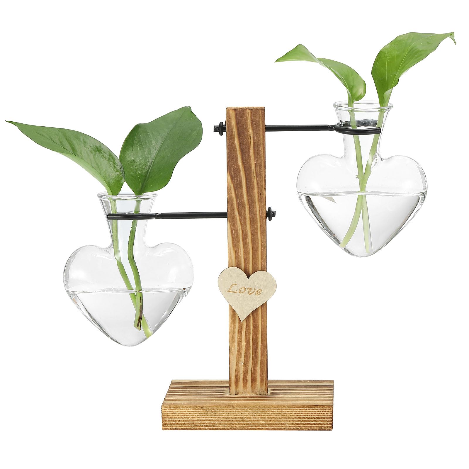 PATIKIL Retro Desktop Plant Terrarium 7.5x7.9inch, Metal Swivel Holder with Wooden Tray 2 Bulb Flower Vase for Hydroponic Office Home Decor Plants Indoor