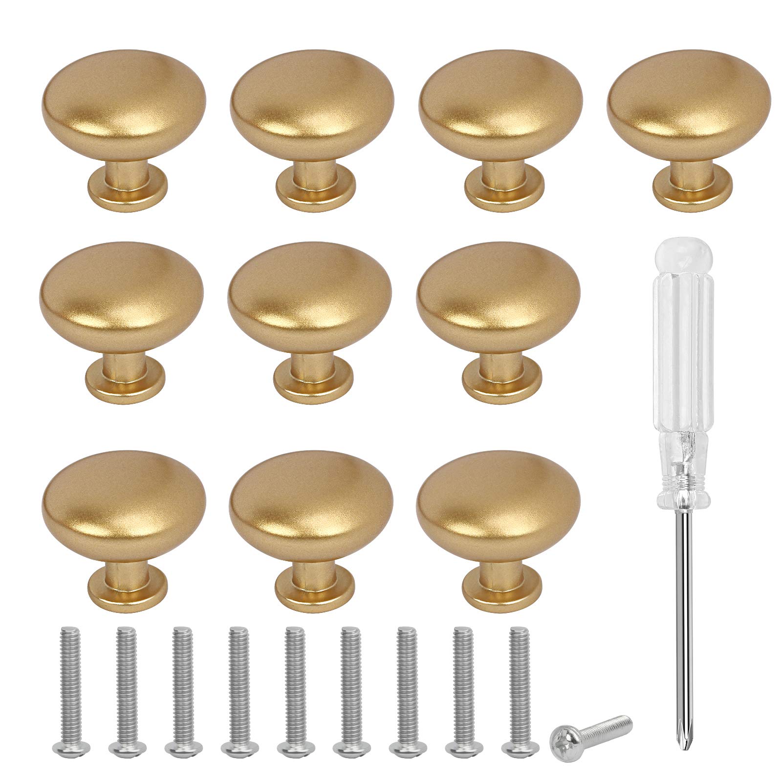 HAKOTOM 10pcs Brass Round Cabinet Handles Single Hole Small Drawer Knobs Kitchen Cupboard Door Knob with 10pcs Screws, Phillips Screwdriver for Cabinet Drawer Cupboard Wardrobe Furniture