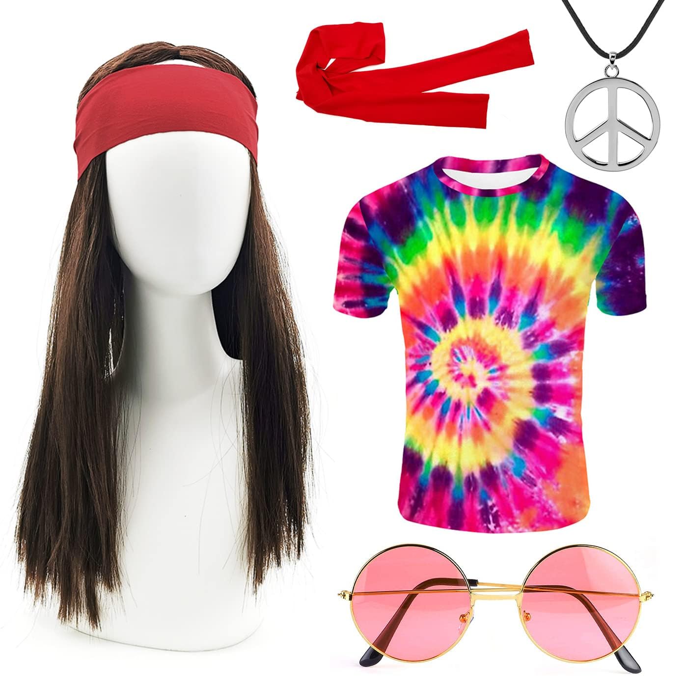 iZoeL Hippie Costumes - Hippie T-Shirt, Wigs, Sunglasses, Peace Necklace, Headband - Rock Star Party Accessories for Women & Men - 60s, 70s, 80s, 90s — image 1