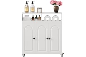 VDNEND Bathroom Storage Cart with Doors，3-Door Cabinet & Divided Open Shelf，Rolling Organizer Cart for Bathroom, Toilet