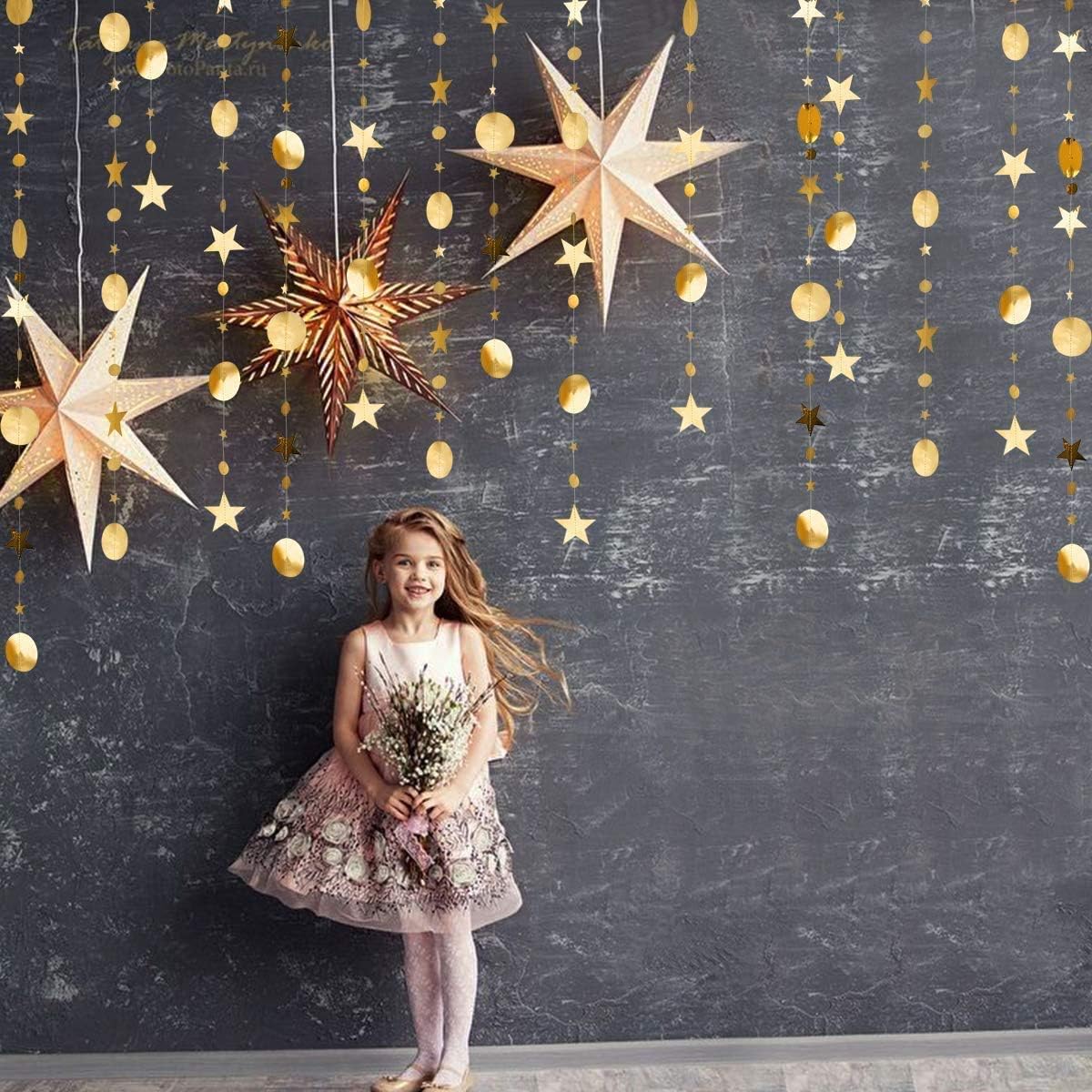 YKshop Gold Twinkle Little Star Party Garlands Kit Metallic Glitter Matt Gross Big Paper Circle Garland Bunting Banner Birthday Baby Shower Wedding New Year Party Kids Boys Girls Nursery Room - Image 5