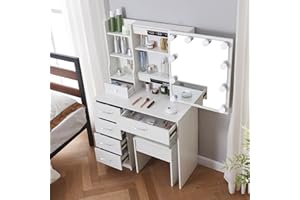 Caulitar Vanity Desk with Mirror and Lights, White Vanity with 6 Drawers, Chair, Lighted Mirror-3 Colors and Brightness Adjustable