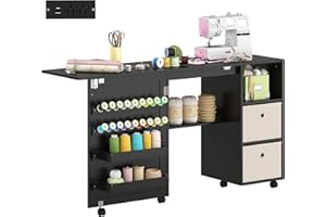 HOMCOM Folding Sewing Table with Power Outlet, Rolling Craft Table with 2 Bins, 2 Fabric Drawers, 18 Pegs, Lockable Wheels, S