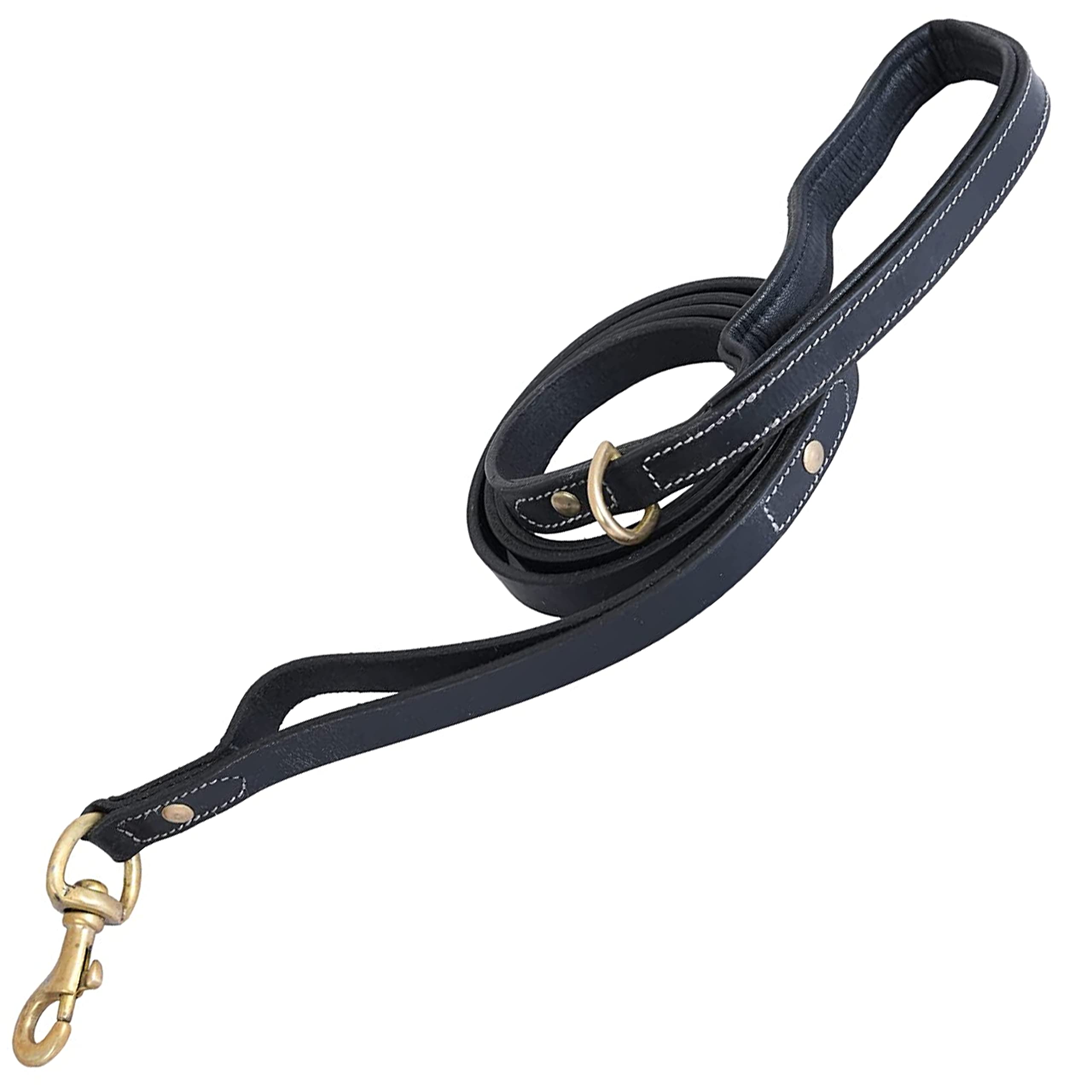 DowgClub | Heavy Duty Genuine Leather Dog Leash for Small, Medium & Large Breeds | Hand Made, Soft, Padded Handle | Ring for Poop Bag Holder | Black, Brown | 5' & 6' (6' (Double Handle), Black)