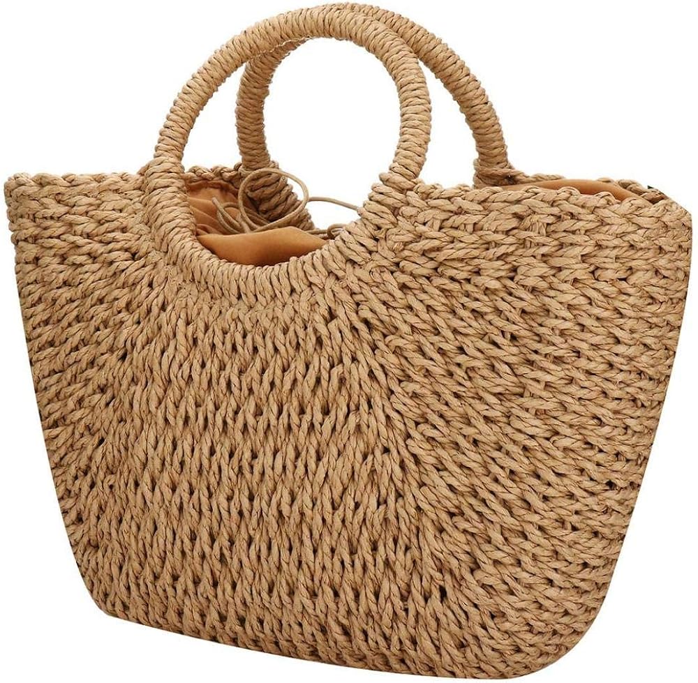 YYW Womens Straw Summer Beach Handbag Shopper Basket Casual Handle Bag Tote for Travel Shopping and Everyday Use (Brown)