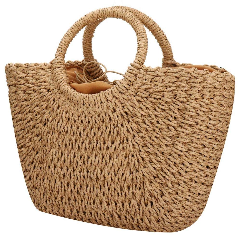 YYW Womens Straw Summer Beach Handbag Shopper Basket Casual Handle Bag Tote for Travel Shopping and Everyday Use (Brown)