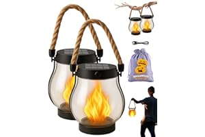 FUSSWIND Kaliqo Solar Lantern Outdoor Lights - Dancing Flame Effect, Waterproof Hemp Rope Hanging Flickering Kaligo Flame Solar Lantern with Dual Charging Modes of Solars & USB for Garden & Yard (2pcs)