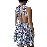 Floerns Women's Cut Out Tie Backless Tank Dress Graphic Print Ruffle Hem Beach A Line Dresses