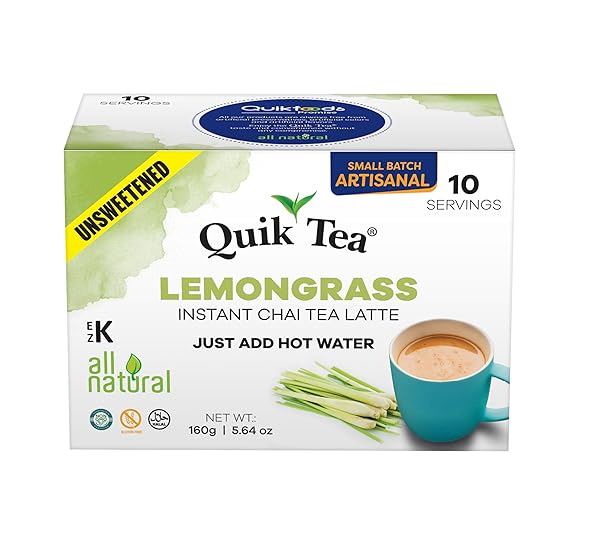 QUIKTEA LEMONGRASS UNSWEETENED CHAI TEA LATTE – 10 COUNT, INSTANT HERBAL BLEND WITH NATURAL INGREDIENTS, CAFFEINE-LIGHT, PRESERVATIVE-FREE – JUST ADD HOT WATER