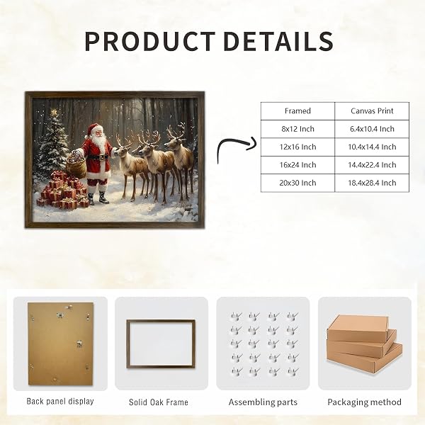 KVTM CHRISTMAS CANVAS FRAMED WALL ART, VINTAGE SANTA CLAUS PICTURES HOLIDAY SNOWY FOREST PAINTING, FESTIVE SANTA AND REINDEER PRINTS ARTWORK DECOR LARGE CANVAS FOR LIVING ROOM BEDROOM, 20X30 INCHES