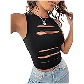 WDIRARA Women's Cut Out Round Neck Sleeveless Crop Tank Top Y2k Sexy Tops