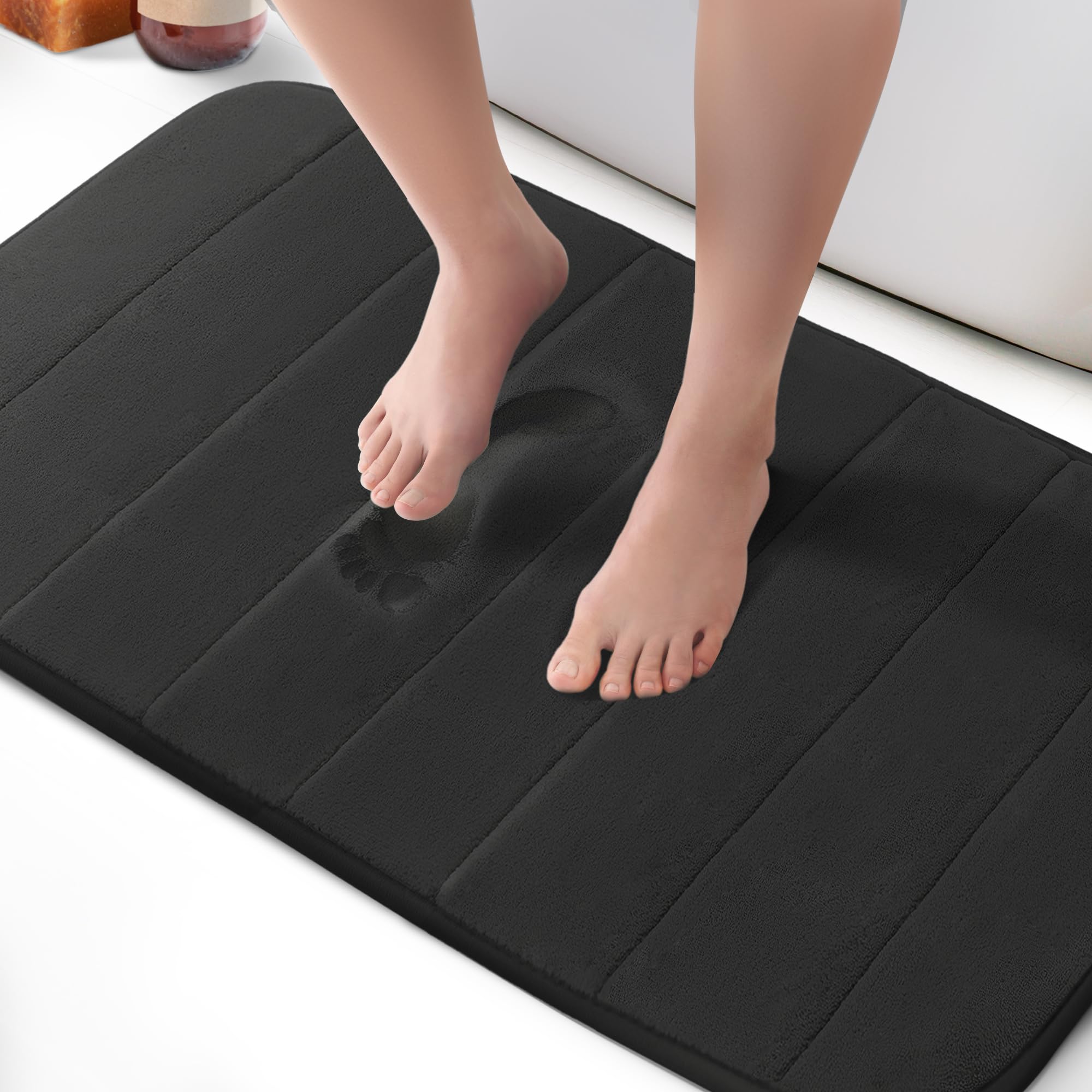 KEPLIN Memory Foam Bath Mat - Ultra-Soft, Highly Absorbent, Non-Slip, Machine Washable - Luxurious Comfort for Home & Bathroom Floors (Black, 50 x 80cm)
