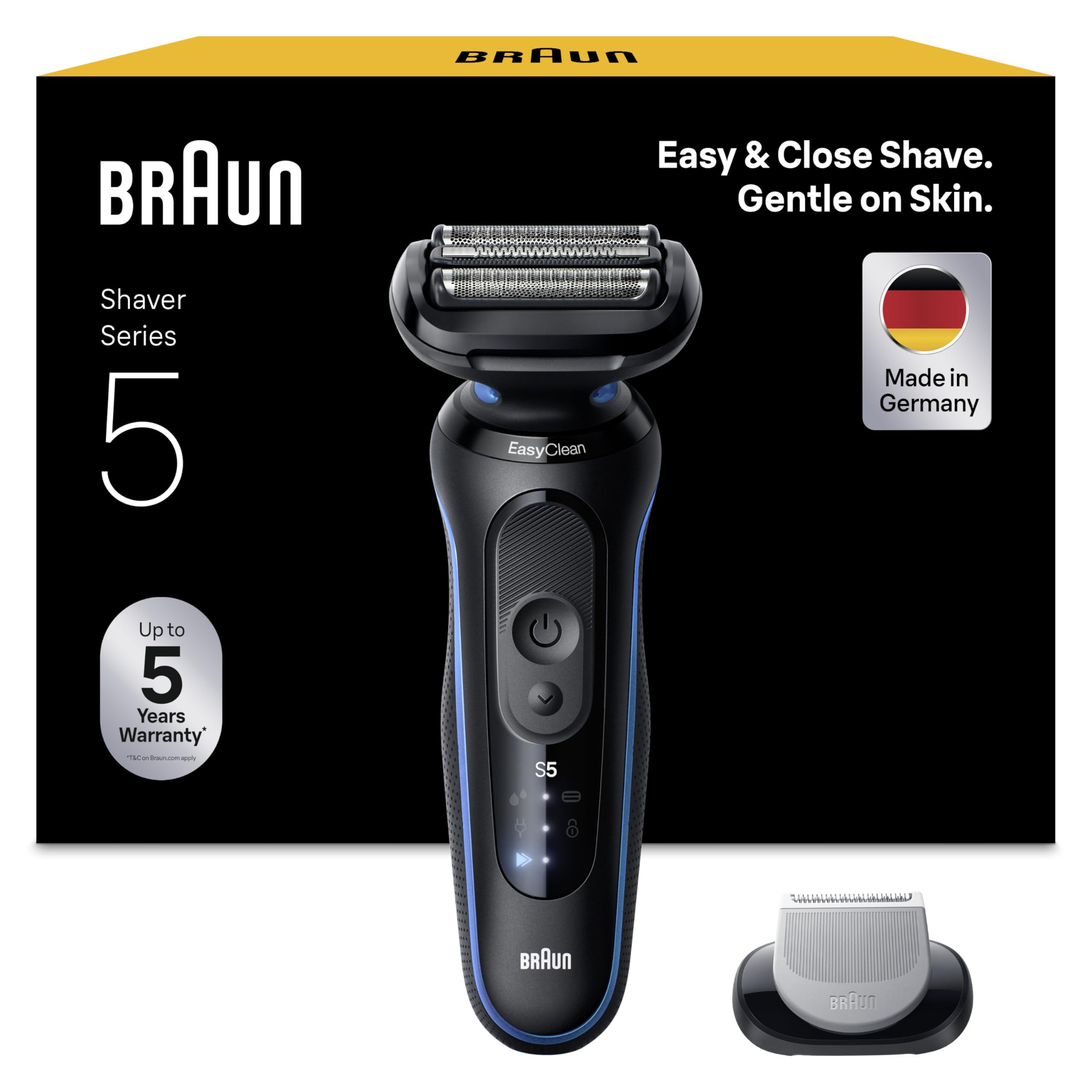 Braun Rasoir Electrique Homme Series 5 52-B1600S, Bleu, Etanche, Lames Flexibles Pour Raser Doucement Visage et Barbe, 2 Modes De Rasage, Coffret Avec Accessoire Tondeuse Pour Le Corps