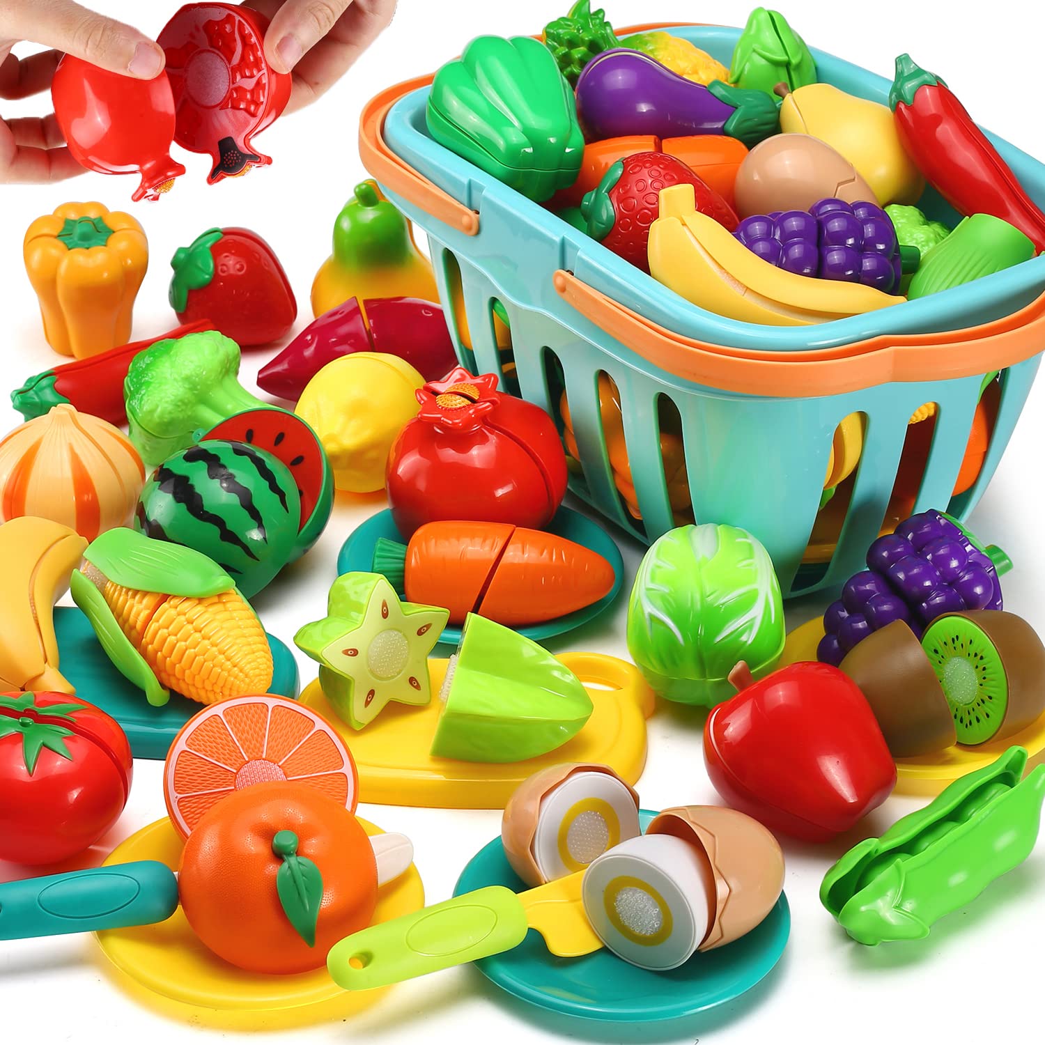 35 Item Cutting Play Food Toy for Kids Kitchen Pretend, Cooking Fruit &Vegetables Accessories with Shopping Storage Basket, Plastic Mini Dishes and Utensils for Baby Children Educational Toy, Birthday