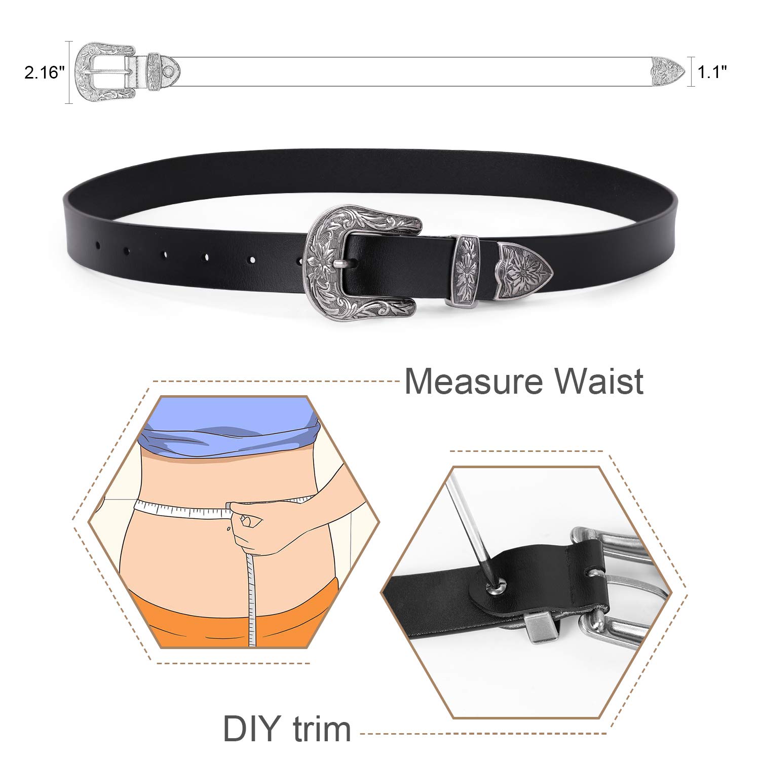 WERFORU Women Leather Belt for Jeans Pants Dress Ladies Belt with Western Buckle, Black,Small(Suit for Pants Size 24-28 Inches)