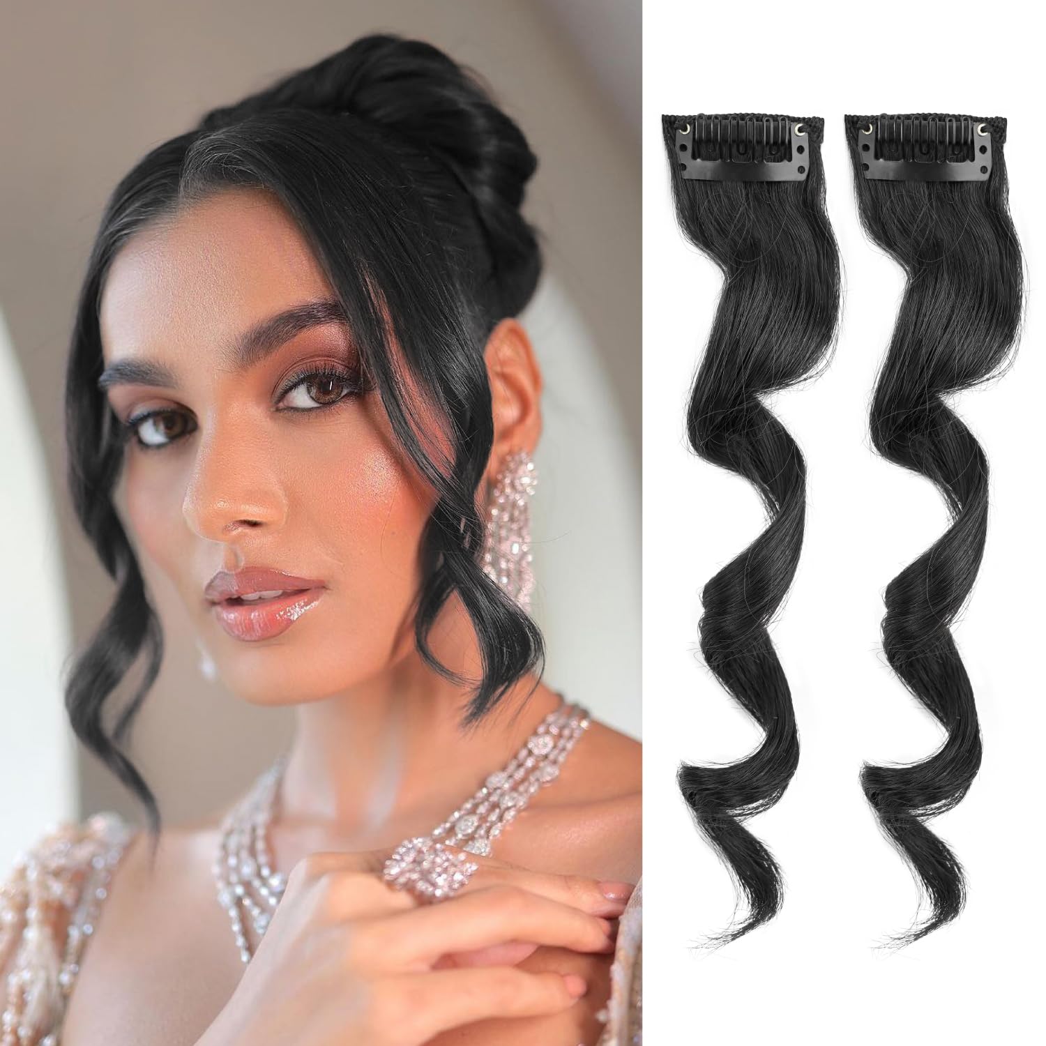 Photo 1 of UAmy hair Long Black Side Bangs 2Pcs Set Wavy Curly Clip on Bangs for Women Wavy Curly Clip in Curtain Bangs for Daisy Use