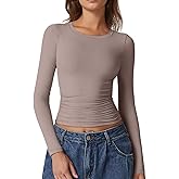 QINSEN Womens Crewneck Long Sleeve Shirt Double Lined Basic Tees Side Ruched Going Out Crop Tops