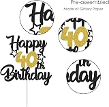 Gidobo 40th Birthday Cake Topper Black Gold Glitter Stars Men Women Party Decor view 4