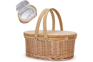 WICKERLAND Wicker Picnic Basket Cooler with Wooden Lid & Swing Handles for Beach, Camping, Park, Outdoor Party. Insulated Willow Cooler Baskets for Wine Lover. Best Gift for Christmas