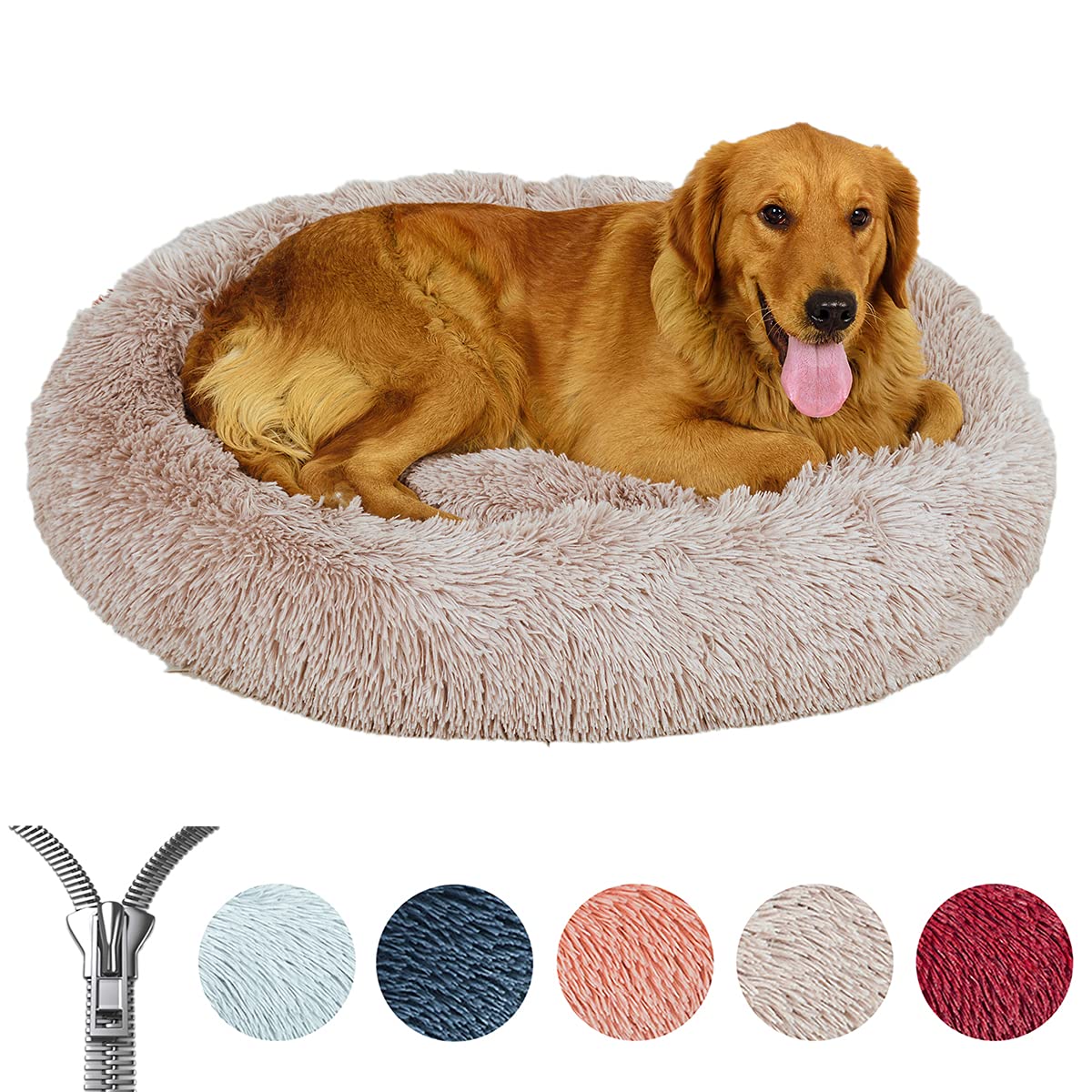 NAKLULU Plush Donut Dog Bed for Small Medium Large Dogs,Detachable with zipper Washable,Beige,M-Diameter 70cm