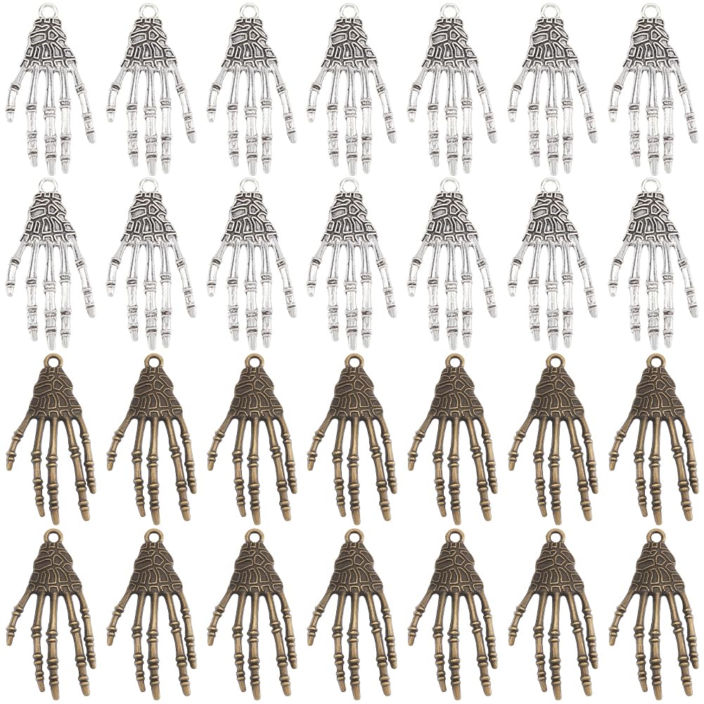 SUNNYCLUE 1 Box 32Pcs Skeleton Hands Charms Skull Hand Charms Antique Alloy Pumpkins Punk Horror Rock Bone Claw Halloween Charm for Jewellery Making Charms Necklace Bracelet Halloween Party Decoration