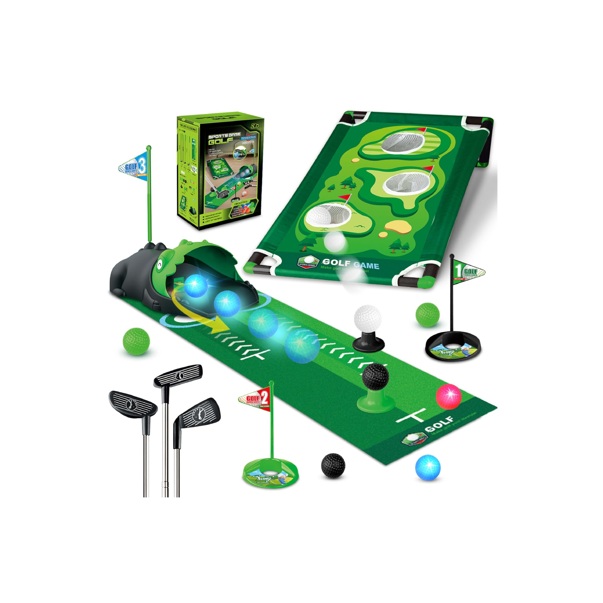 TERRAMUS 3 in 1 Kids Golf Set with Dinosaur Automatic Golf Returner, Golf Cornhole Board, Led Light Up Balls, Putting Mat, 3-8 Toddler Mini Golf Games, Indoor Outdoor Golf Toys Gift for Boys Girls 3+