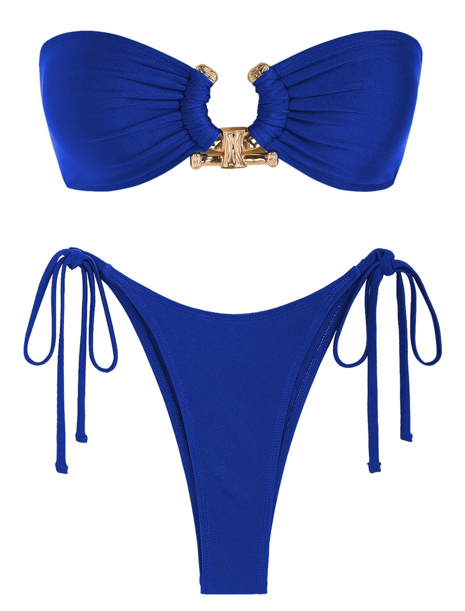 Photo 1 of (small) ZAFUL Women's Bandeau Bikini Shiny Metal Ring Decor Lace Up Tied Side High Cut Strapless Swimsuit(1-Royal Blue,M)
