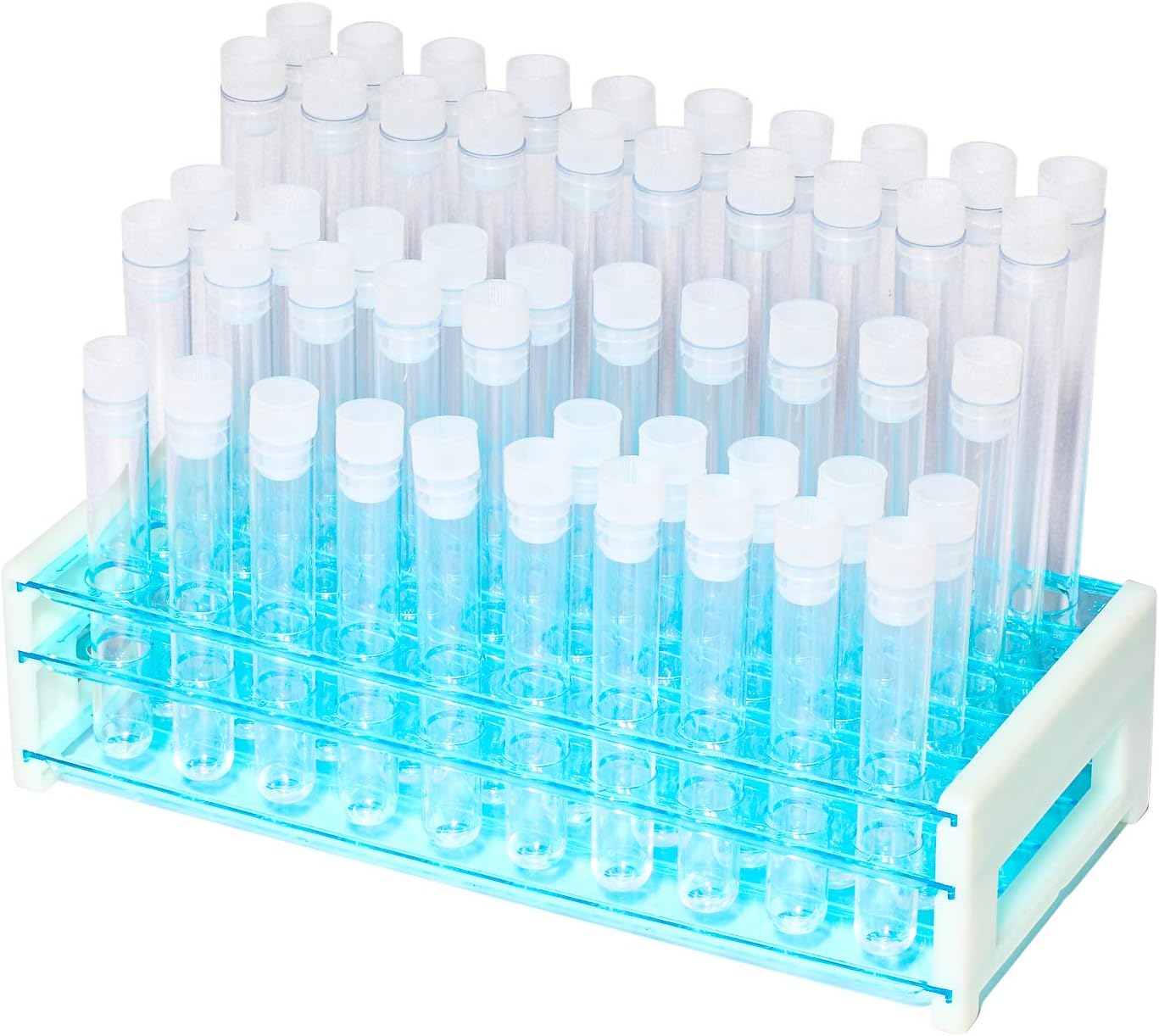 Young4us Test Tube Set, 50 Pcs Plastic PP Test Tubes in 16x150mm, 16x125mm and 16x100mm 3 Sizes with White Caps and Tube Rack (Pack of 50)
