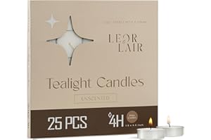 Leor & Lair Tea Lights Candles 25 Pack – 4 Hour Long Burn Tealight Candle – Paraffin Palm Wax Blend, Cotton Wick – Small Candles for Home Décor, Spa, Meditation, Holiday Dinner Table