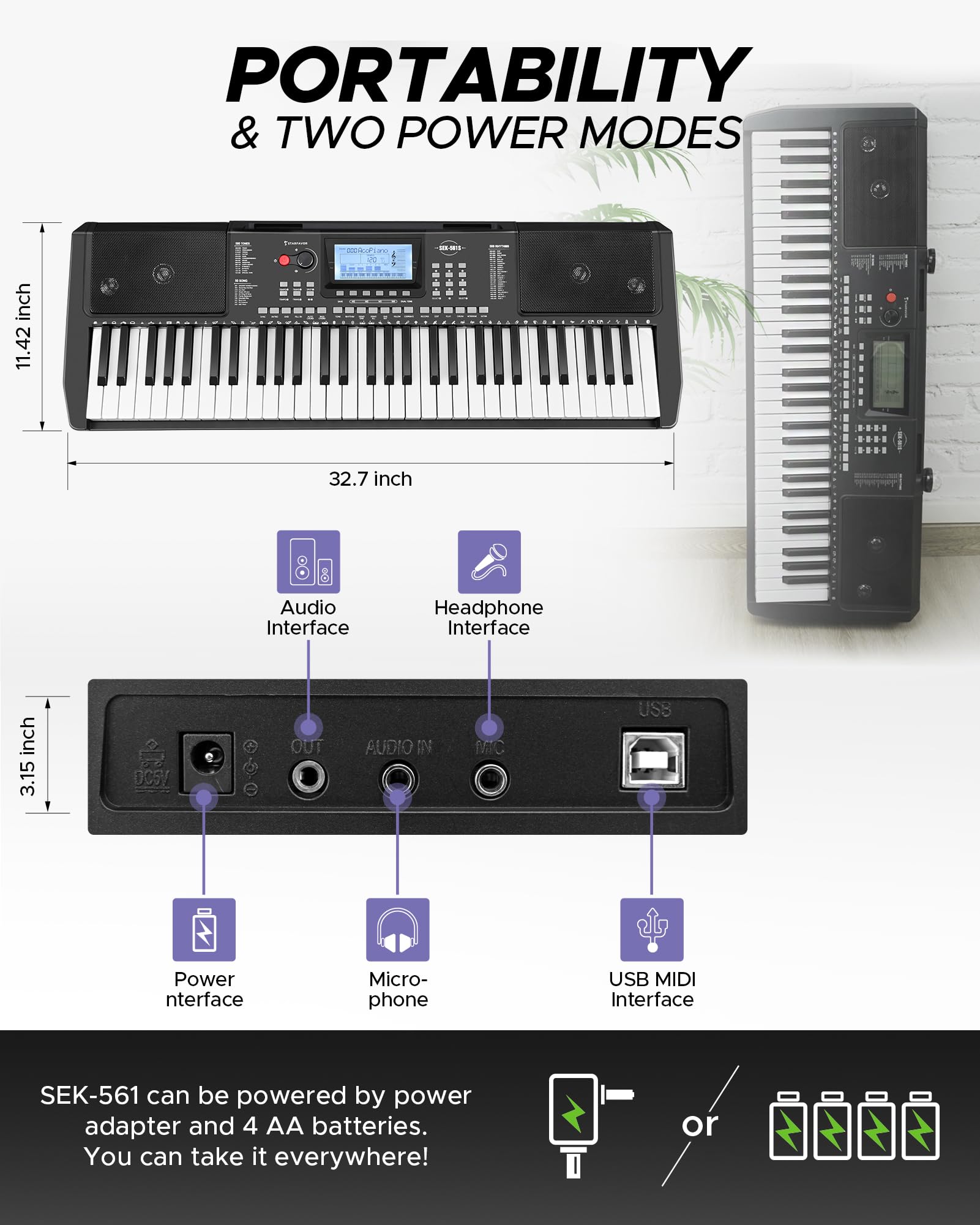 Starfavor 61 Key Electronic Keyboard Piano with LCD Display, Portable Electric Music Piano for Beginners Professions, include Z-style Stand, Bench, Microphone, Headphone, Keynote Stickers (SEK-561)