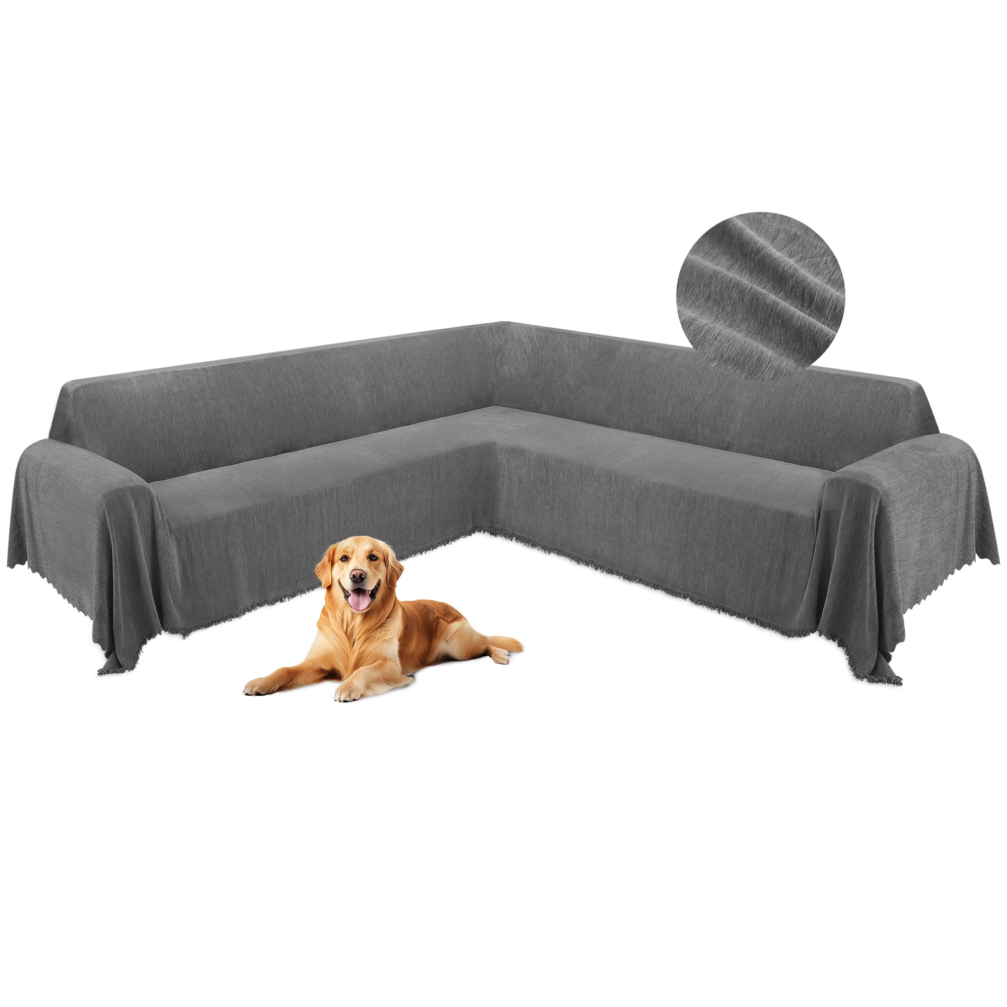 View 1 of HDCAXKJ Corner Sectional Couch Covers for Dogs L Shape Sofa Cover with Tassel Chenille Super Soft Non Slip U Shaped Couch Cover Blanket Washable Sofa Slipcovers Protector (Light Gray, 91x252 inch)