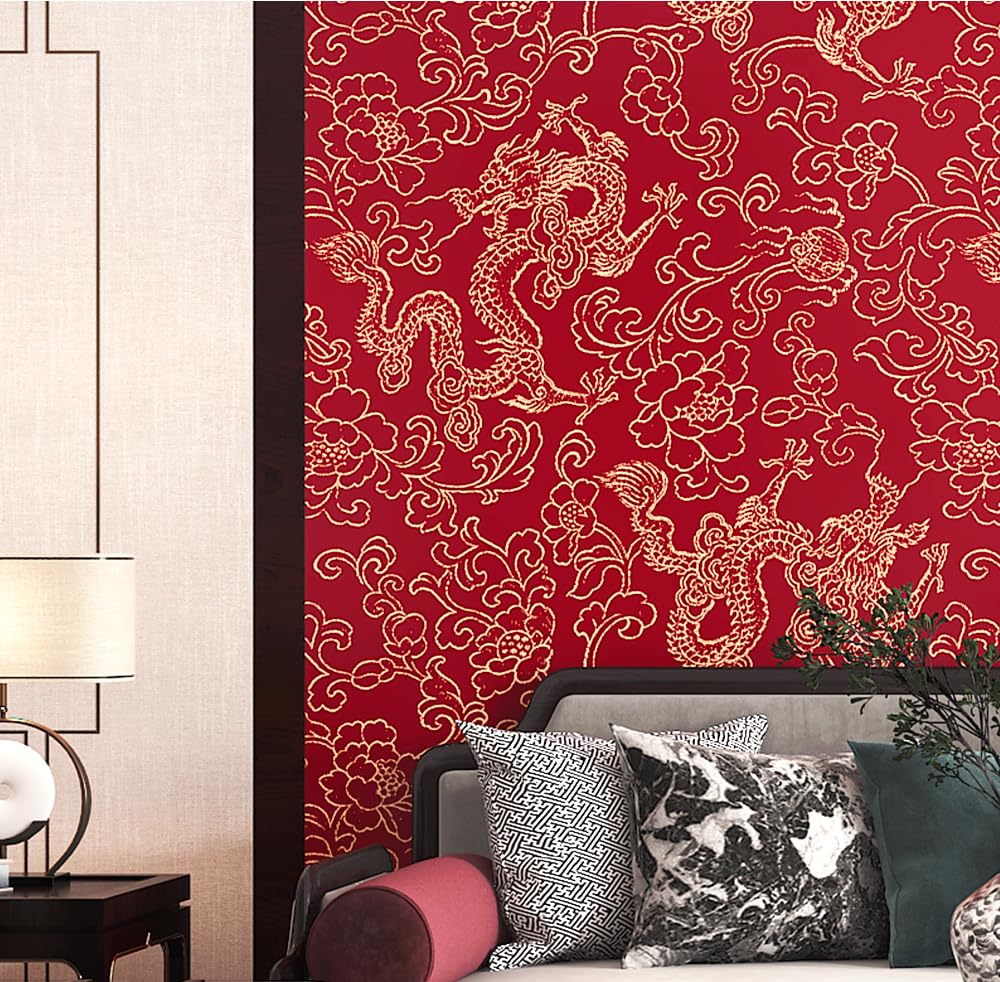 Prior.choice 9.5X0.53M Traditional Chinese Red Yellow Dragon Flowers Waterproof Textured PVC Wallpaper Roll for Bedroom Livingroom 1.73' W x 31.2' L=5.035㎡ (54sq.ft)