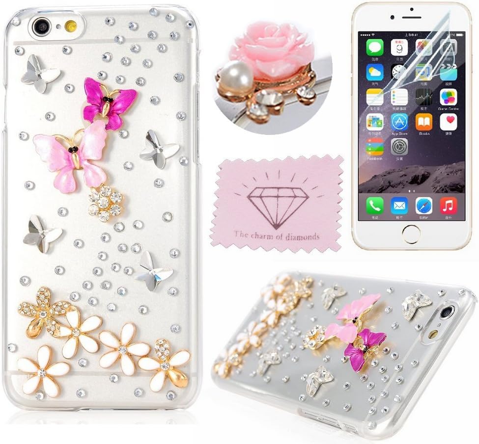 iPhone 6 Case, Charm Of Diamonds Bling Rhinestone Butterfly Crystal Clear Case For Apple iPhone 6 4.7 inch 3D Diamond Flowers Hard Back Cover Protective Skin +Dust Plug +Screen Protector +Clean Cloth