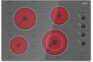 Karinear 30 Inch 4 Burners Electric Cooktop, Knob Control Electric Stove Glass Cooktops with Beautiful Wooden Pattern, 30" Built-in Radiant Ceramic Cooktop,6700W High Power,220-240v Hard Wire(No Plug)