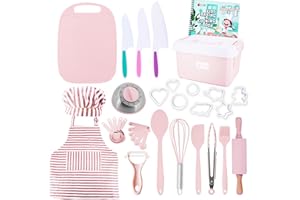 JOY TOWN JoyTown Kids Cooking and Baking Set with Storage Case –Complete Cooking Supplies for The Junior Chef with Cookbook, Knives, Timer, Kids Baking Kit for Girls & Boys – Real Utensils Accessories - Pink
