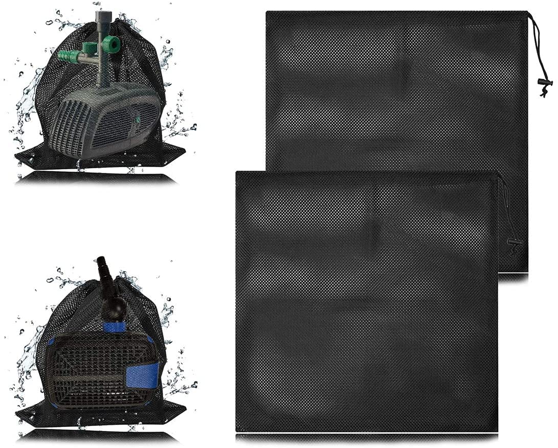 OPDUO 2 Pack Large Pump Barrier Bag, 17.7"x 17.7" with Drawstring Pond Mesh Pump Filter Bag, Pond Pump Filter Netting,Nylon Mesh Bag Black Media Bags for Most Pumps, Pond Biological Filters