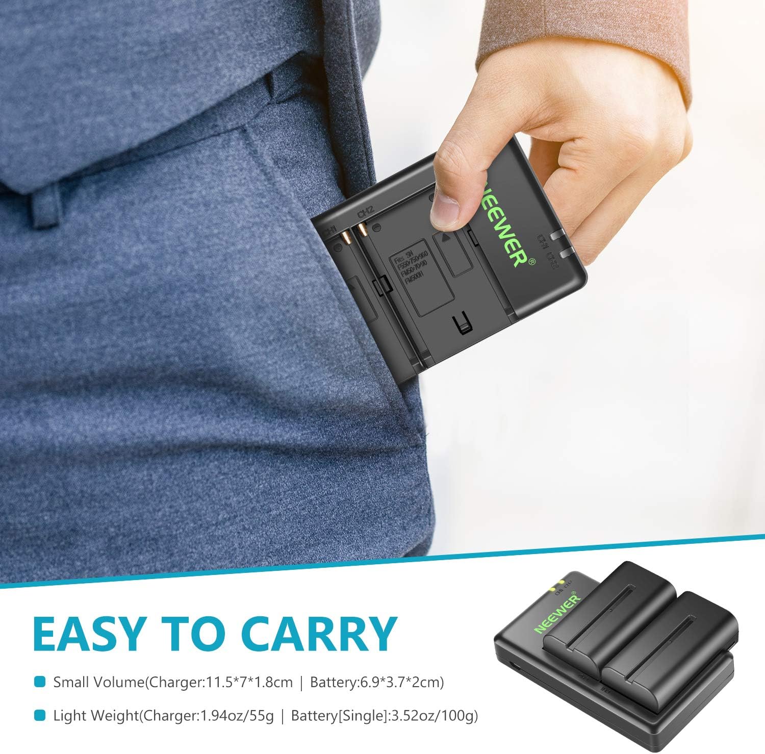 Neewer NP-F550 Battery Charger Set for Sony NP F970,F750,F960,F530,F570,CCD-SC55,TR516,TR716,and More (2-Pack Replacement Battery, Dual Slot Charger): Camera & Photo