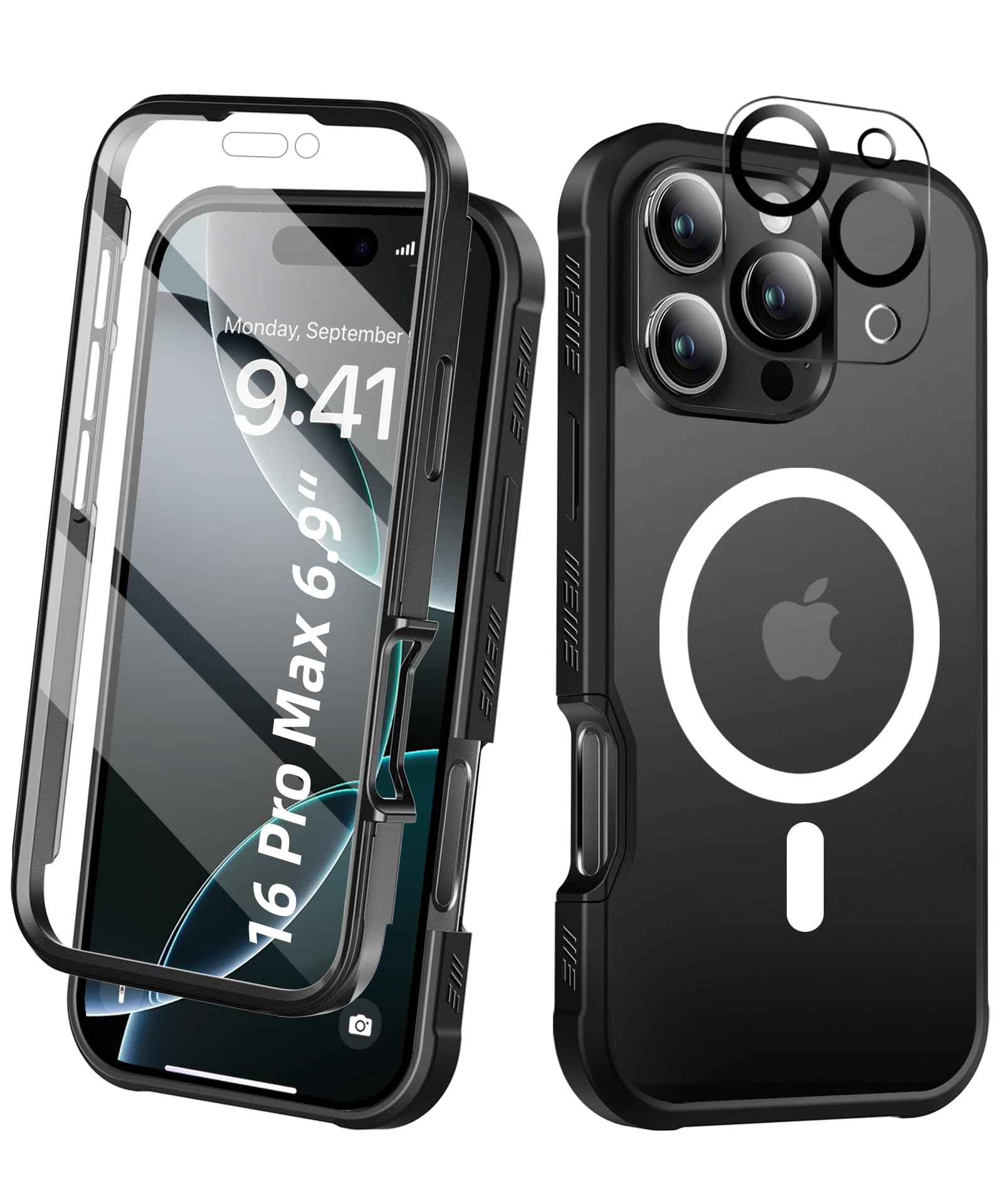 BANLEA Compatible with iPhone 16 Pro Max Case, Built-in Screen Protector, with Camera Lens Protector, [Compatible with MagSafe] Matte Back Full Body Phone Case, Protective Cover for 6.9 Inch (Black)