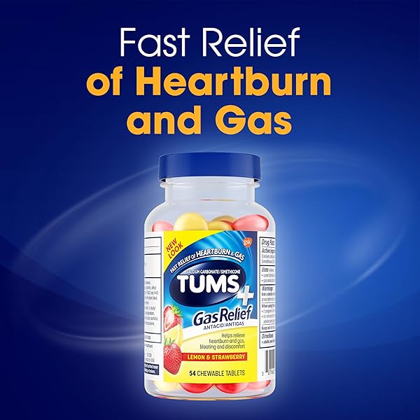 TUMS CHEWY BITES CHEWABLE ANTACID TABLETS WITH GAS RELIEF, LEMON & STRAWBERRY – 54 COUNT