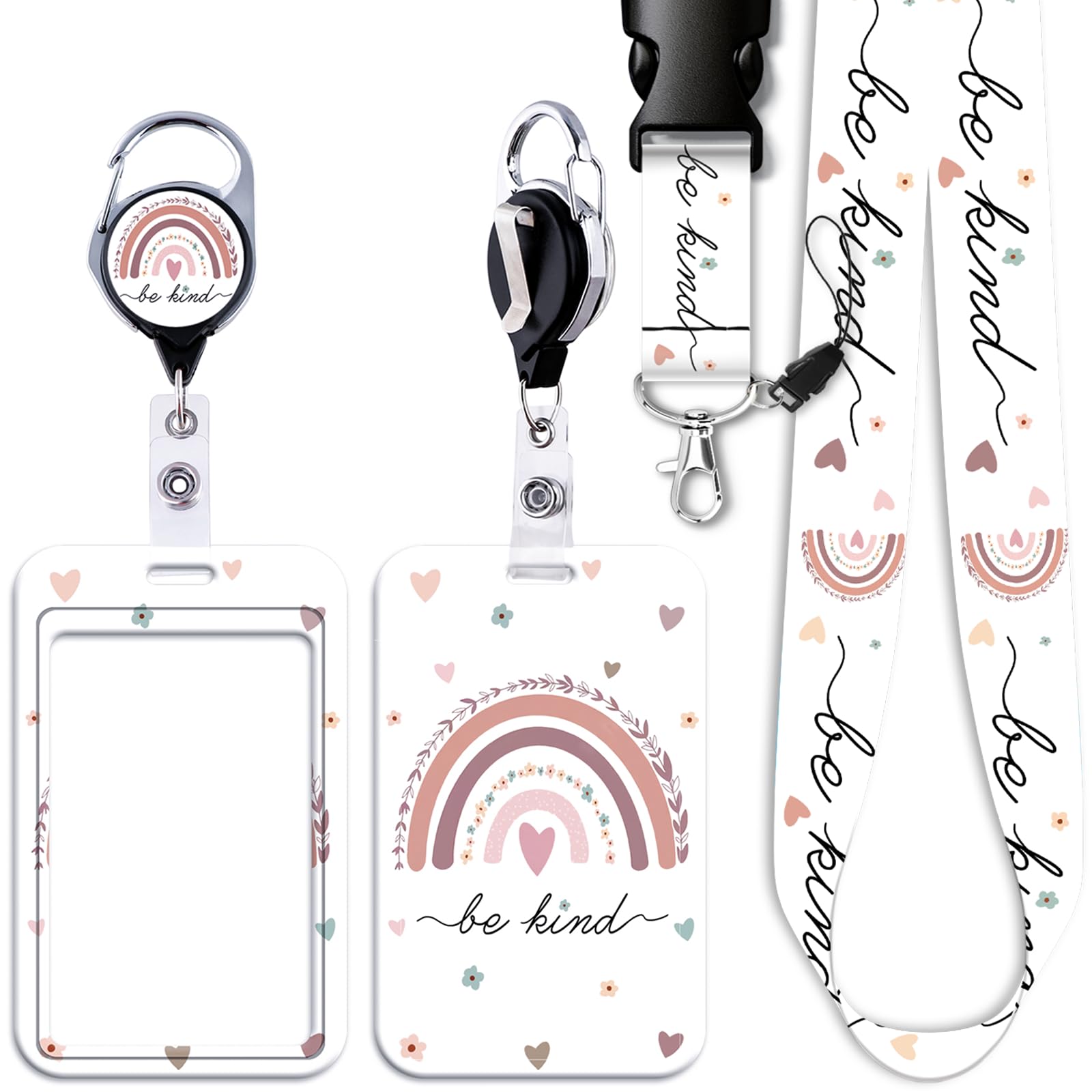 Juanooo Rainbow ID Lanyard Card Holder & Retractable Badge Reel Clip Cute School Key Keychain for ID Badges for Women Girls Teachers Breakaway Key Card Lanyard ID Holder(Be Kind) — image 1
