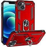 Dionsibei Military Grade Drop Impact for iPhone 14 Plus Case 360 Metal Rotating Ring Kickstand Holder Armor Heavy Duty Shockproof Case for iPhone 14 Plus Phone Case (Red)