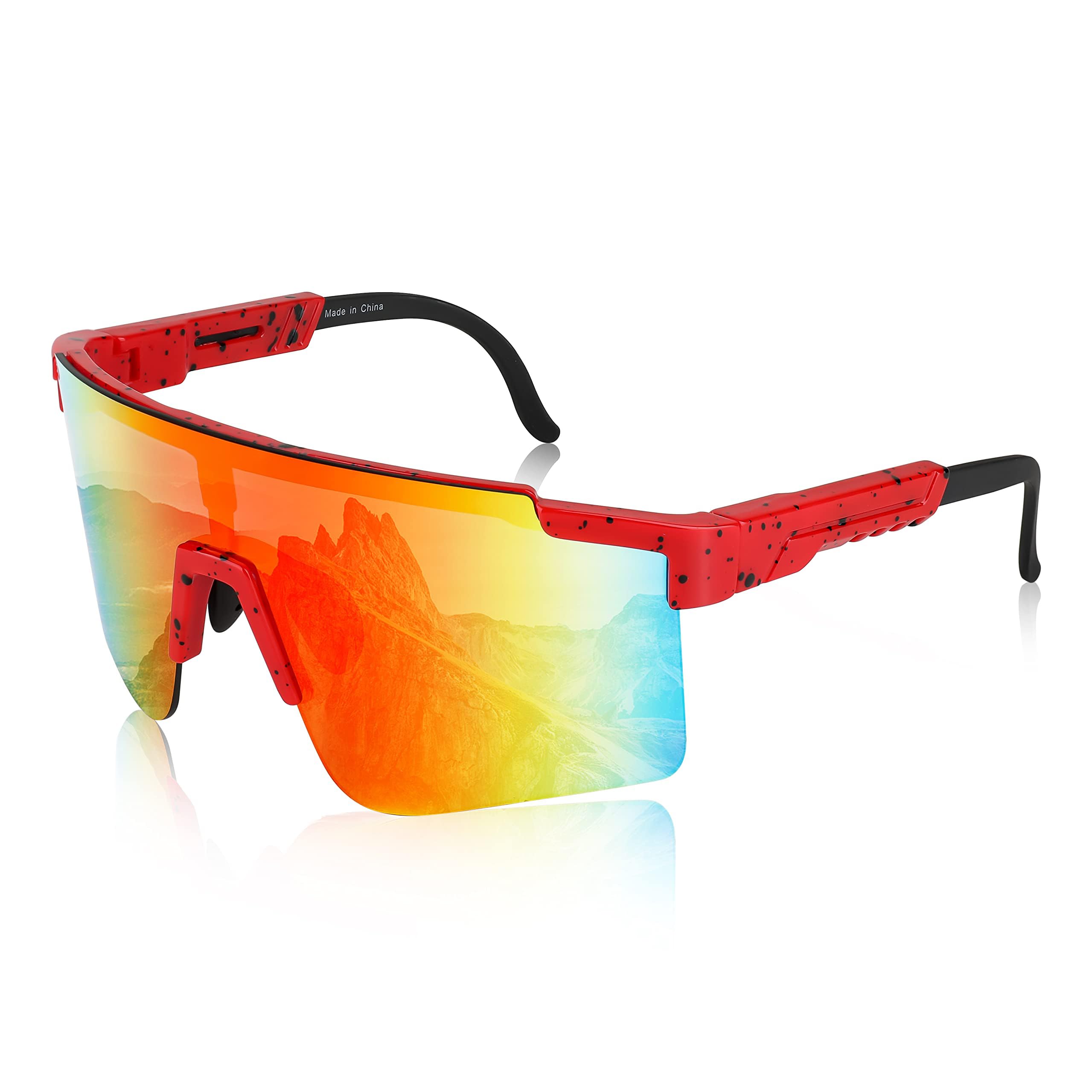 FEISEDY Cycling Sunglasses for Men Women UV400 Protection Outdoor Sports Running Hiking Fishing Biking Glasses B2837, Red Frame & Red Mirror