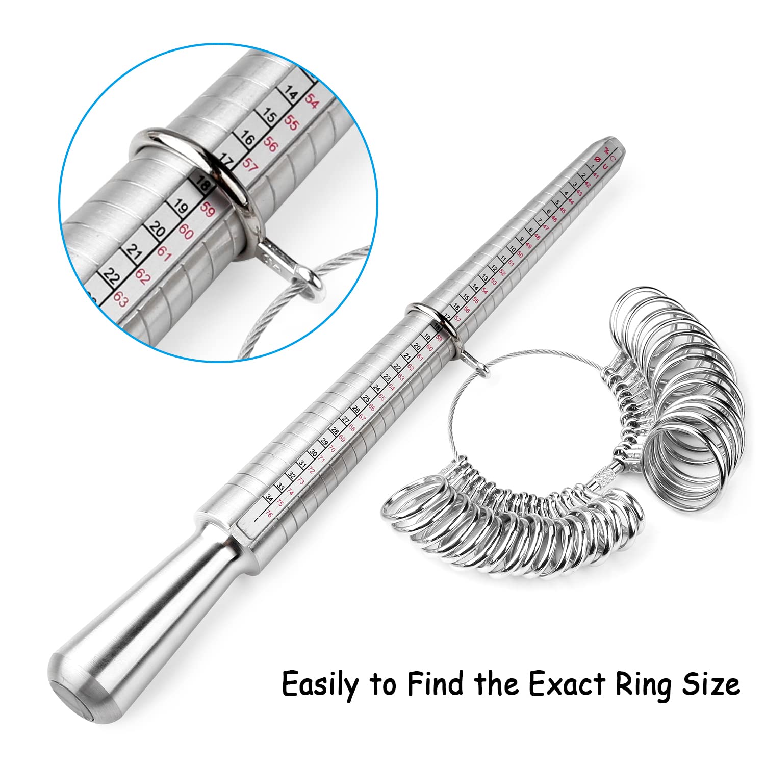 Accmor Ring Sizer Measuring Tool Including Ring Mandrel, Ring Gauge Finger Sizer & Rubber Jewelry Hammer, Metal Ring Measurement Maker Kit Ring Sizing Stick for Man Women Jewelry Making