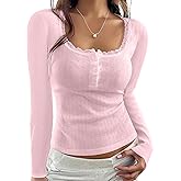 KIGRAD Women Y2k Lace Trim Scoop Neck Button Pointelle Crop Tee Tops Slim Fit Long Sleeve Aesthetic Fall Henley T Shirts